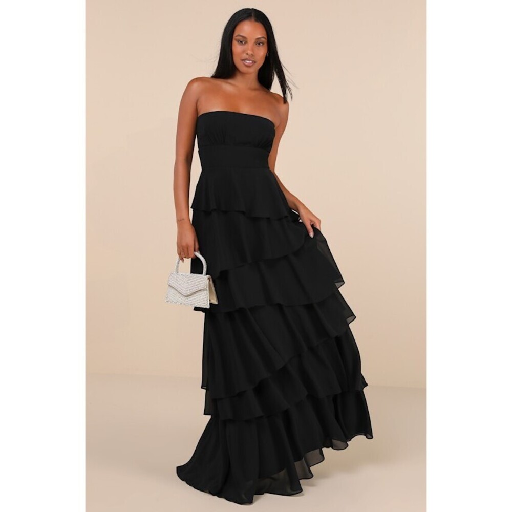Lulus- Gorgeous Essence Black Strapless Tiered Maxi Dress - Size XS
